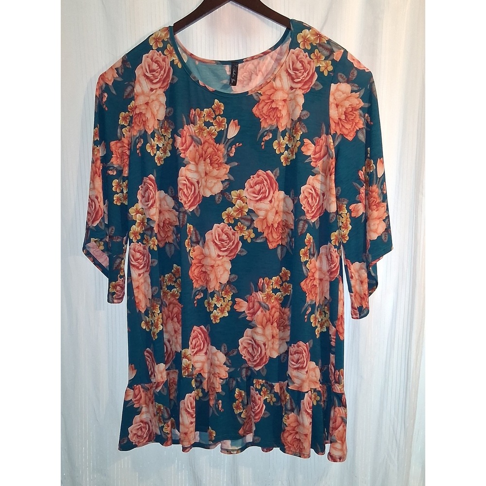 Fashion Queen‎ Floral Ruffle Tunic Top 3XL Teal Coral Rose Sleeve Flare
